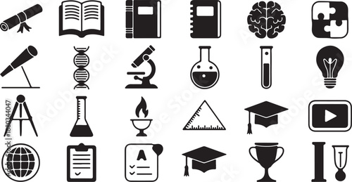 A clean grid of 30 minimalist black and white icons representing science, education, and research