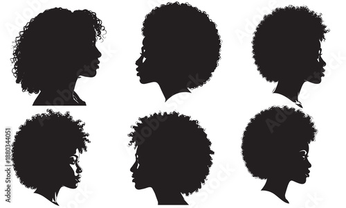 Collection of six female silhouettes with afro hairstyles in profile
