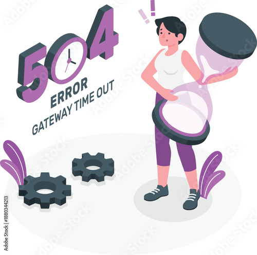 A frustrated young woman holds her head while surrounded by gears and a large clock, symbolizing a gateway timeout error, in an illustration style.