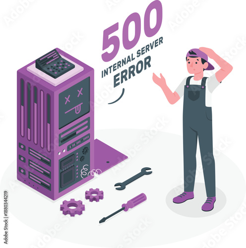 Technician debugging 500 internal server error on computer system in data center