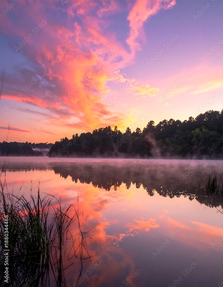 Obraz premium A serene lake mirrors a vibrant sunset. Wispy fog hugs the water and the treeline creating an ethereal scene. The sky blazes with color