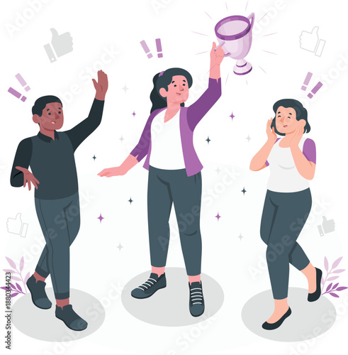 Three people celebrating a victory with a trophy in a joyful atmosphere