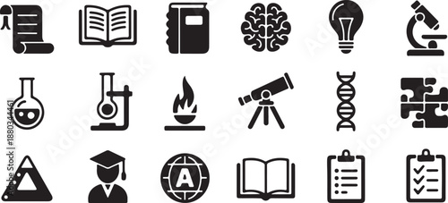 Collection of minimalist line art icons representing science, education, and research concepts