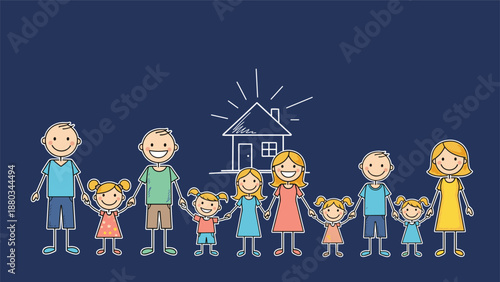 Simple stick figure illustration of a large family holding hands in front of their home on a solid blue background.