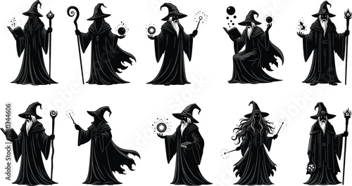 Set of black magic wizard silhouettes, mystical sorcerer characters with staves, glowing orbs, spell books, and wands for fantasy game design.