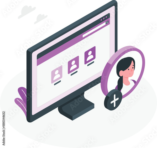 Illustration of a woman using headphones while working on a computer with a user interface on the screen in a modern setting from a slightly angled viewpoint