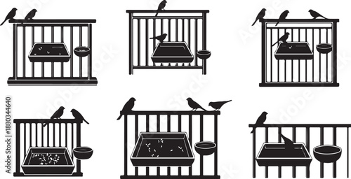 Birds in Cages with Food and Water Illustrations Set