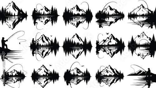 Set of Black Mountain Landscape Silhouettes with Fishing Fisherman and Forest Pine Trees Icons Isolated on White Background, Outdoor Adventure Nature Vector Illustration Collection