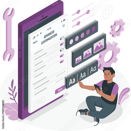 A man customizing a digital template on a large tablet with graphic design elements floating around him in a creative workspace.