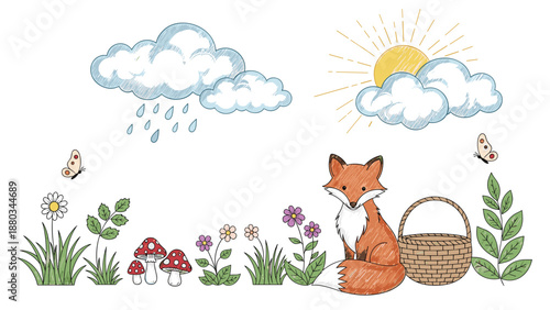 Charming hand-drawn illustration of a red fox sitting in a meadow with flowers, mushrooms, and a picnic basket under a sunny sky.