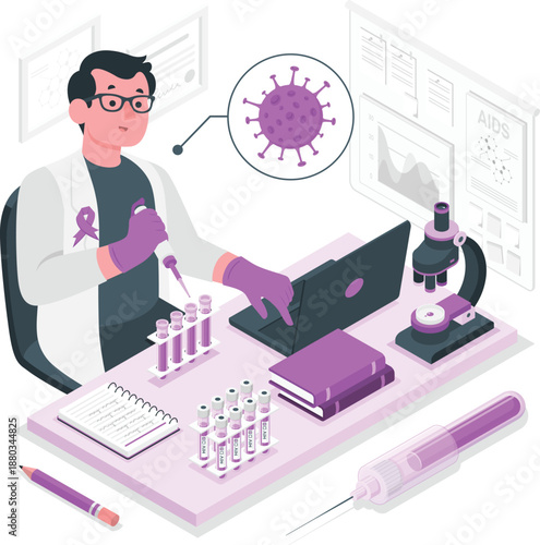 Scientist researching virus in laboratory setting examining samples and data on computer screen from various viewpoints