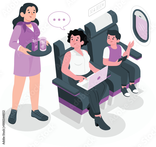 Flight attendants serving passengers on an airplane with laptops and conversation