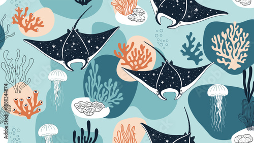 Seamless underwater pattern with stingrays, jellyfish and coral reef elements on a light blue background for fabric design.
