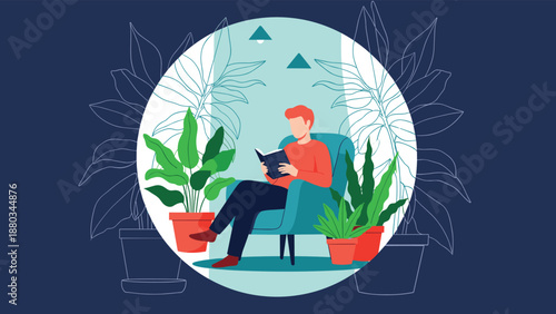 Man reading book in armchair surrounded by house plants, vector illustration of peaceful home environment for relaxation.