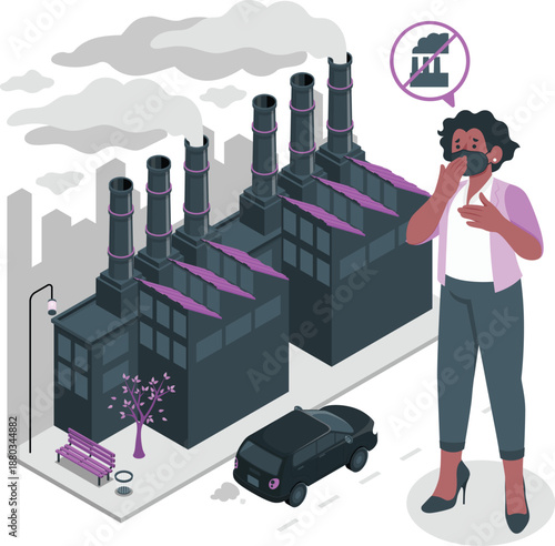 Woman standing beside an industrial factory with pollution and a car nearby, viewed from the side