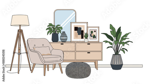 Modern living room interior design featuring a stylish armchair, dresser, floor lamp, and various green house plants.