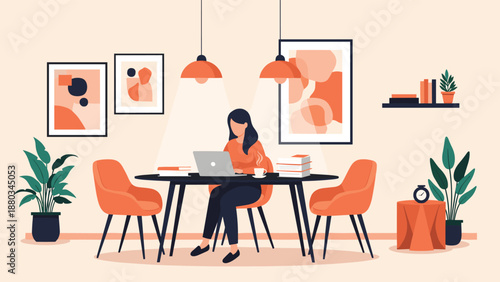 Woman working remotely on her laptop at a dining table in a bright, modern living room with stylish home office decor.