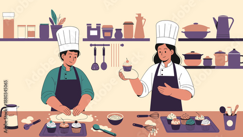Professional chefs in a commercial kitchen preparing and decorating a variety of colorful cupcakes for a bakery.