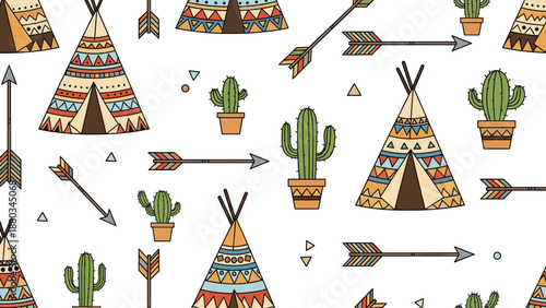 Seamless pattern of southwestern style teepees, cactus plants and arrows with tribal symbols on a white background.