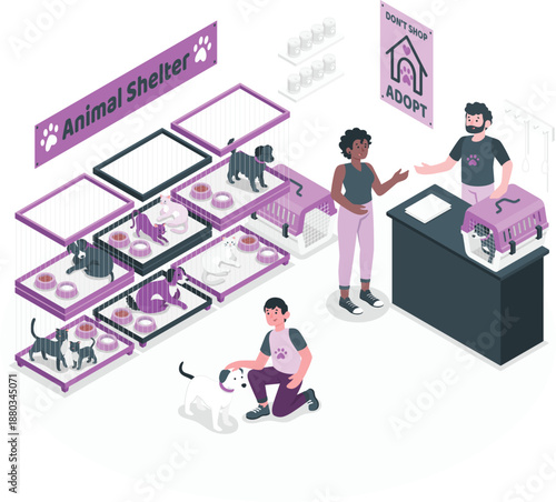 Volunteers Assist Animals at Shelter Adoption Event Illustration