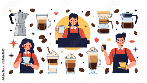 Collection of baristas and professional coffee making equipment including moka pot, chemex, beans and different beverages.