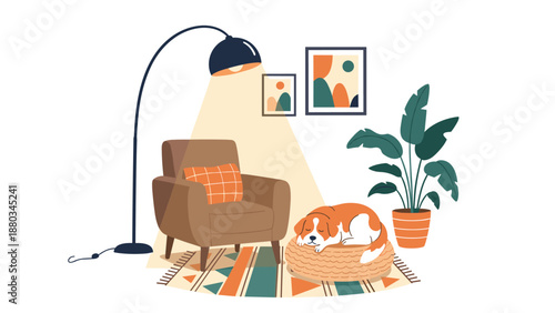 Cozy living room interior with a brown armchair, floor lamp, house plants and a dog sleeping peacefully on its bed.