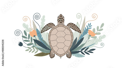 Beautiful sea turtle seen from above surrounded by various colorful sea weeds, flowers and aquatic plant elements.