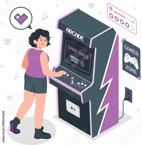 A young woman playing a retro arcade game on a classic video game machine in a vibrant gaming environment from a slightly angled viewpoint