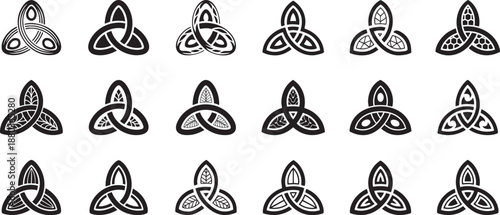 Set of detailed stylized triquetra-inspired designs silhouettes, tribal patterns with sharp points and swirling lines, Celtic Knot Designs against a white background.