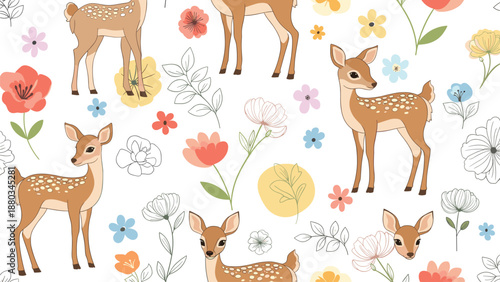 Sweet seamless pattern with cute fawns, colorful flowers and delicate leaves on a clean white background for kids.