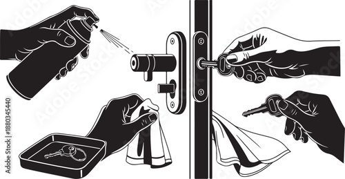 Hands performing door handle maintenance and repair tasks carefully