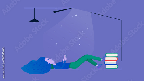 Relaxing Girl Lying on the Floor and Using Smartphone – Flat Vector Illustration with Books and Cozy Night Atmosphere