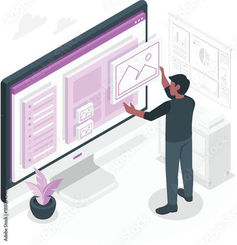 Man interacting with large computer screen displaying various graphical user interfaces and design elements in a modern workspace