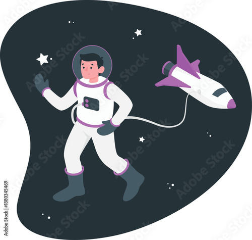 Astronaut floating in space with rocket pack attached to their back, viewed from a slight angle