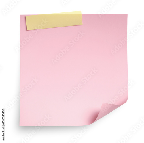 Pink sticky note with yellow tape tab attached, isolated on transparent background