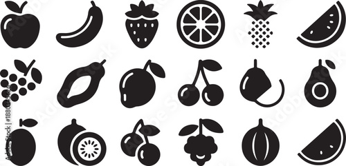 A comprehensive collection of diverse black and white fruit silhouettes, perfect for healthy eating, nutrition, grocery, and market design projects