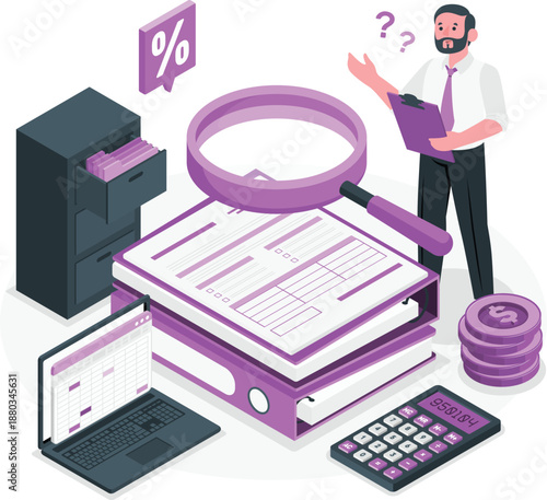 Man examining financial documents with magnifying glass beside office equipment and calculator