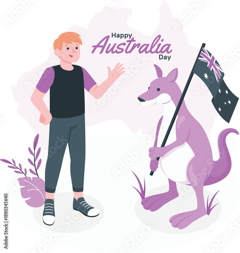 A young man celebrating Australia Day with a kangaroo holding a flag in a scenic illustration