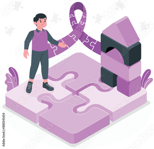 A man stands on a puzzle with a purple ribbon awareness symbol for health issues and social causes