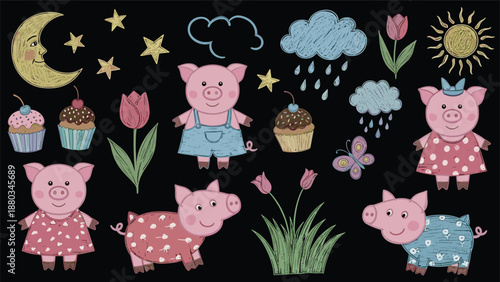 Extensive set of cute hand-drawn pig illustrations, weather icons, flowers, and sweet treats on a black background.