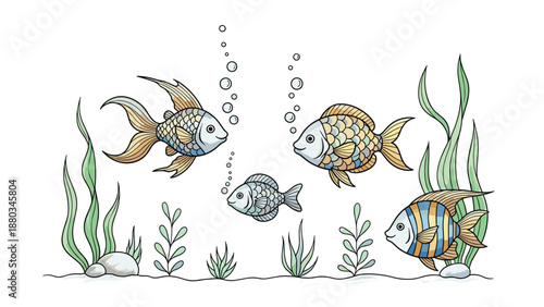 Underwater scene illustration with several colorful fish swimming through seaweed and bubbles in an aquarium.