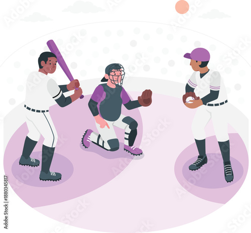 Baseball players in action on the field with catcher and batter in a dynamic scene