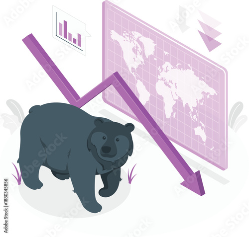 Bear walking near falling graph and world map illustration