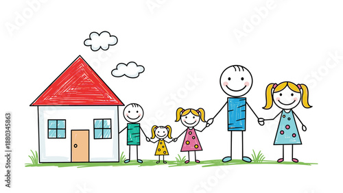 Simple stick figure drawing of a happy family with three children standing next to their home with a red roof.
