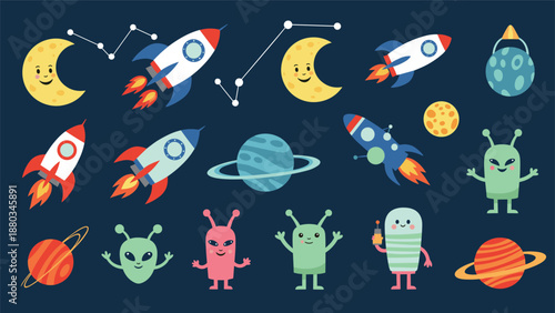 Large collection of cute space themed illustrations featuring rockets, planets, aliens, and various constellations.