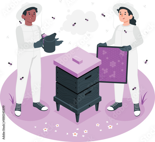 Beekeepers in protective suits tending to a beehive with smoke and bees surrounding them in a serene outdoor setting