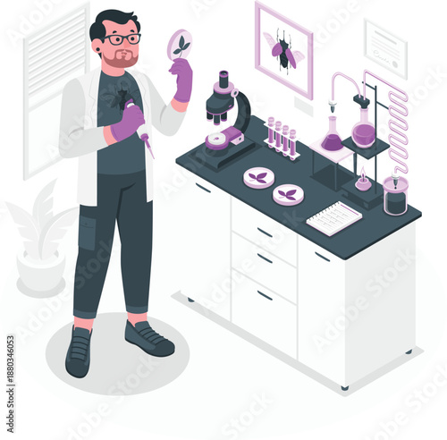 Scientist conducting research in a laboratory setting with various equipment and specimens