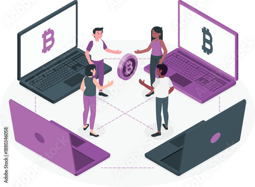 Professionals collaborating and exchanging cryptocurrency symbols on laptops in a modern office environment