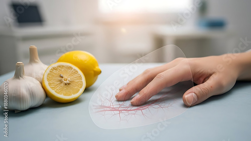 Hand near garlic and lemon slice over transparent overlay showing blood vessels circulation and healthy capillaries, medical concept