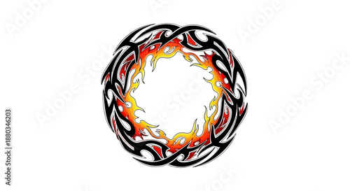 Dynamic tribal fire encircled design featuring bold black and red flames with a yellow glow in a